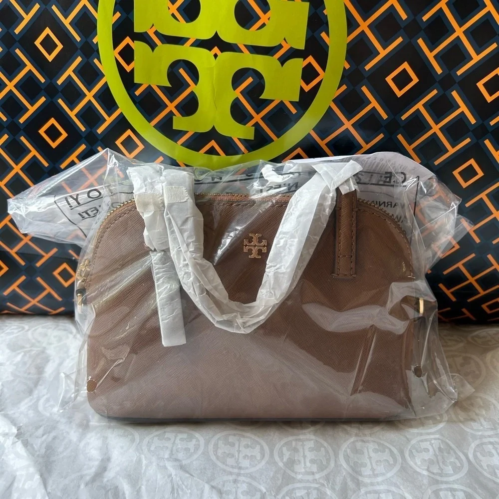 Tory Burch Emerson Dome Satchel Crossbody Bag Top Handle Moose Gold Tan